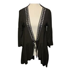 Rusttydustty Open Front Kimono Cardigan Womens Medium Black Bell Sleeve Festival